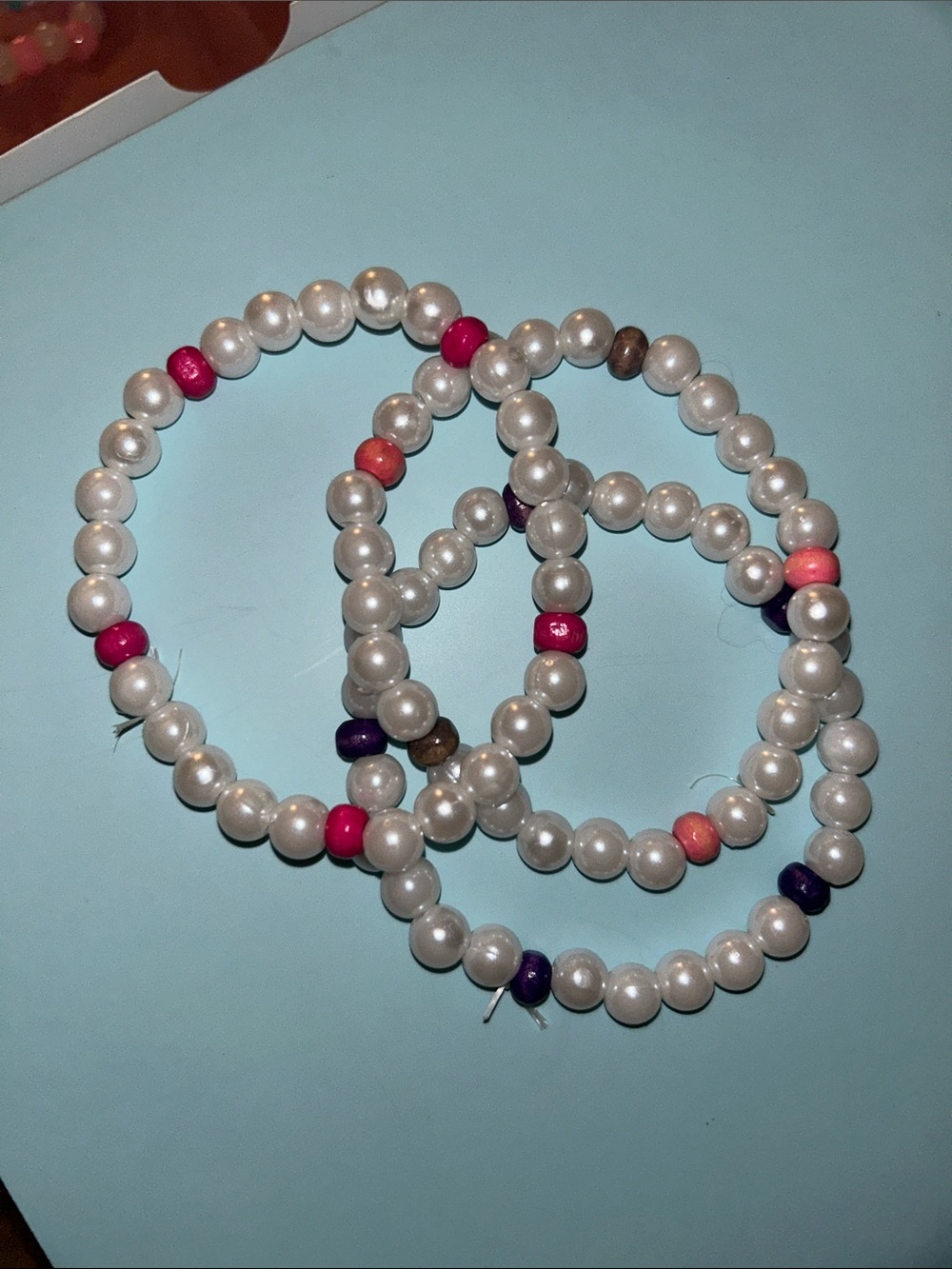 Pearl Beaded Stretch Bracelet Set with Pink & Purple Accents